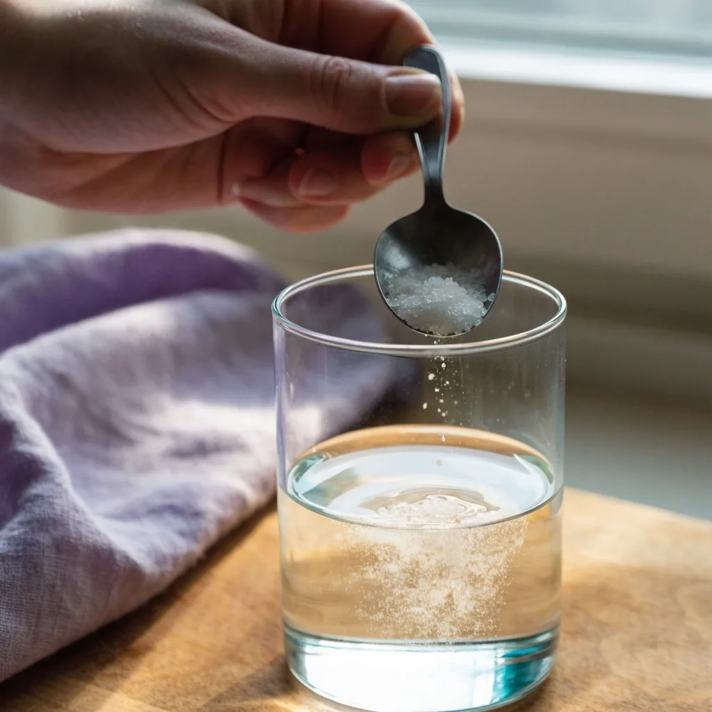 Glas mit Magnesiumchlorid-Flocken und ein Löffel neben einem Glas Wasser auf einer Küchenarbeitsplatte