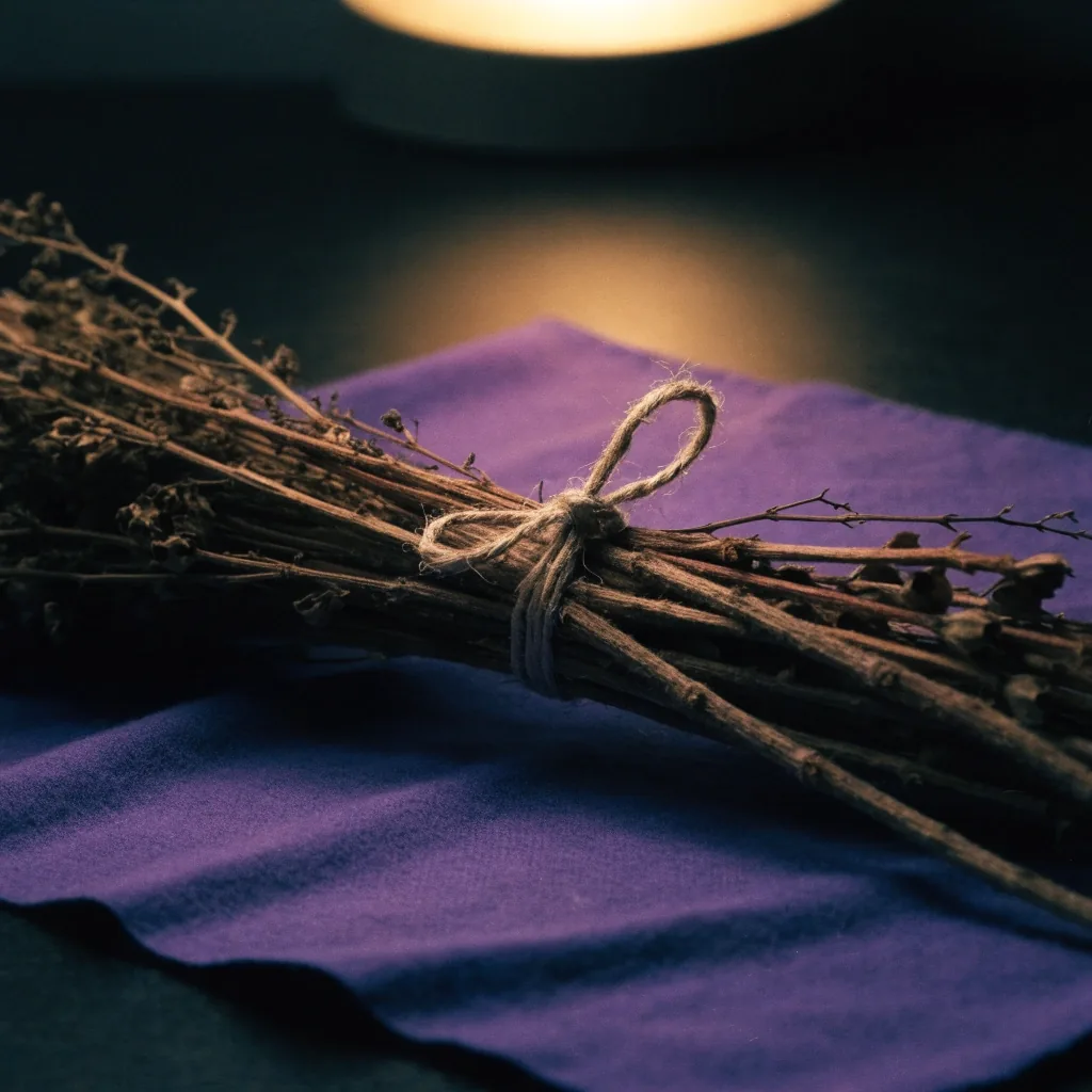 Getrocknete Kräuterstiele mit Bindfaden auf violettem Leinentuch