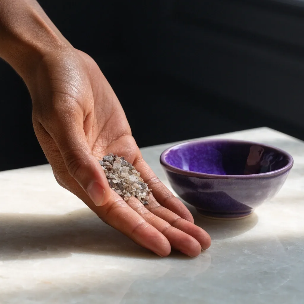 Mineralische Flocken in einer flachen Schale auf violettem Grund