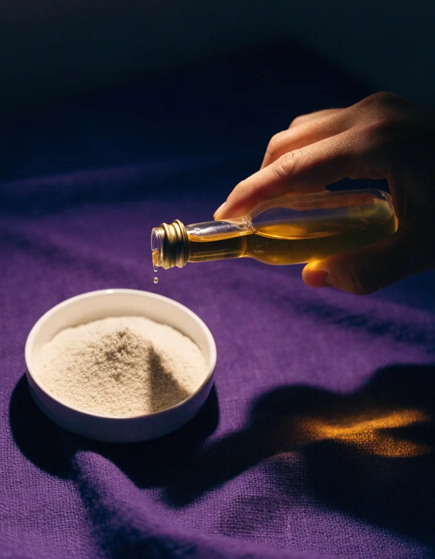Kleine bernsteinfarbene Apothekerflasche und eine flache Schale mit hellem Pulver auf violettem Albumstoff