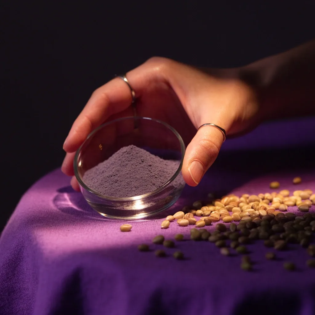 Traubenkerne und dunkles polyphenolreiches Pulver in einer flachen dunklen Schale auf violettem Stoff