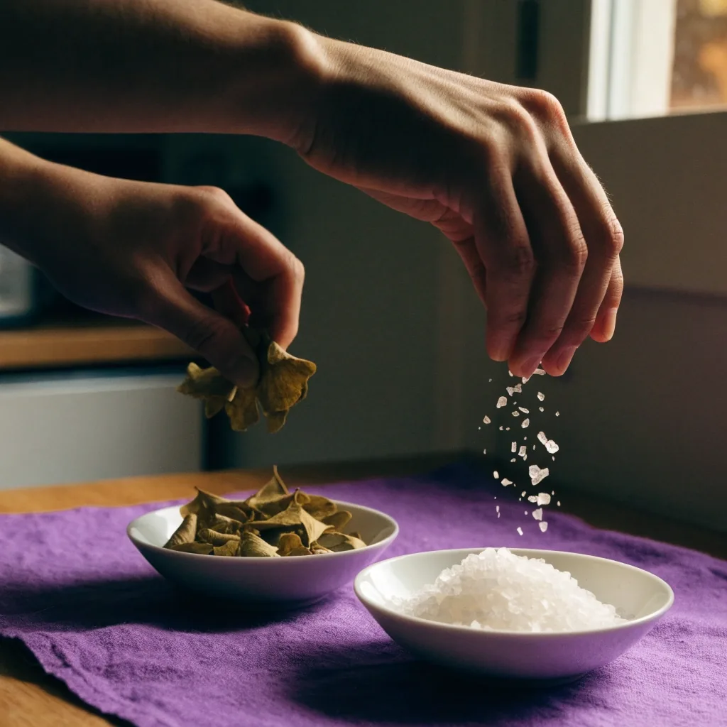 Zwei flache Keramikschalen mit Mineralsalz und gemahlenem Pflanzenmaterial auf violettem Leinentuch