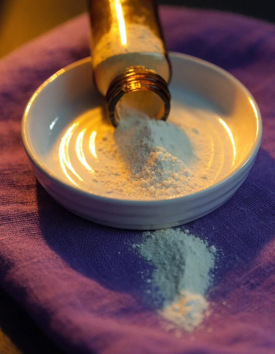 Vitamin-C-Pulver in einer Schale neben einer Bernsteinflasche